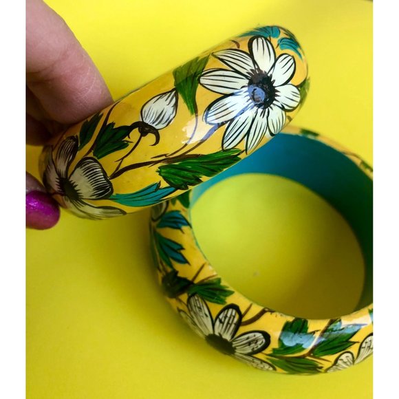 Striking Bright Yellow and Turquoise Blue Vintage Painted Bangles - Picture 2 of 4